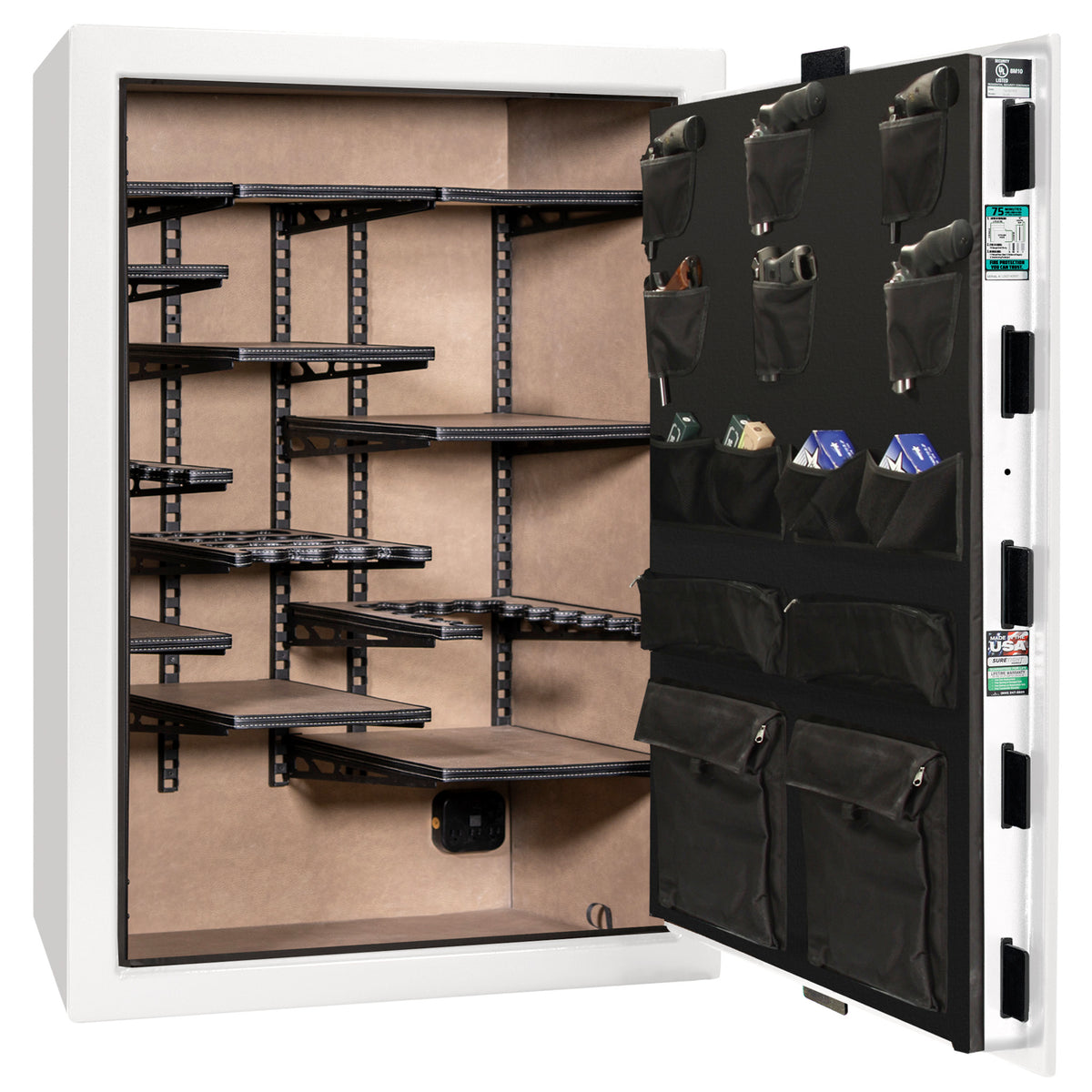 Colonial 35 | Pro Flex Interior | Level 4 Security | 75 Minute Fire Protection | Dimensions: 60.5"(H) x 42"(W) x 22"(D) | Up to 45 Long Guns | White Gloss Black Chrome | Electronic Lock - Open