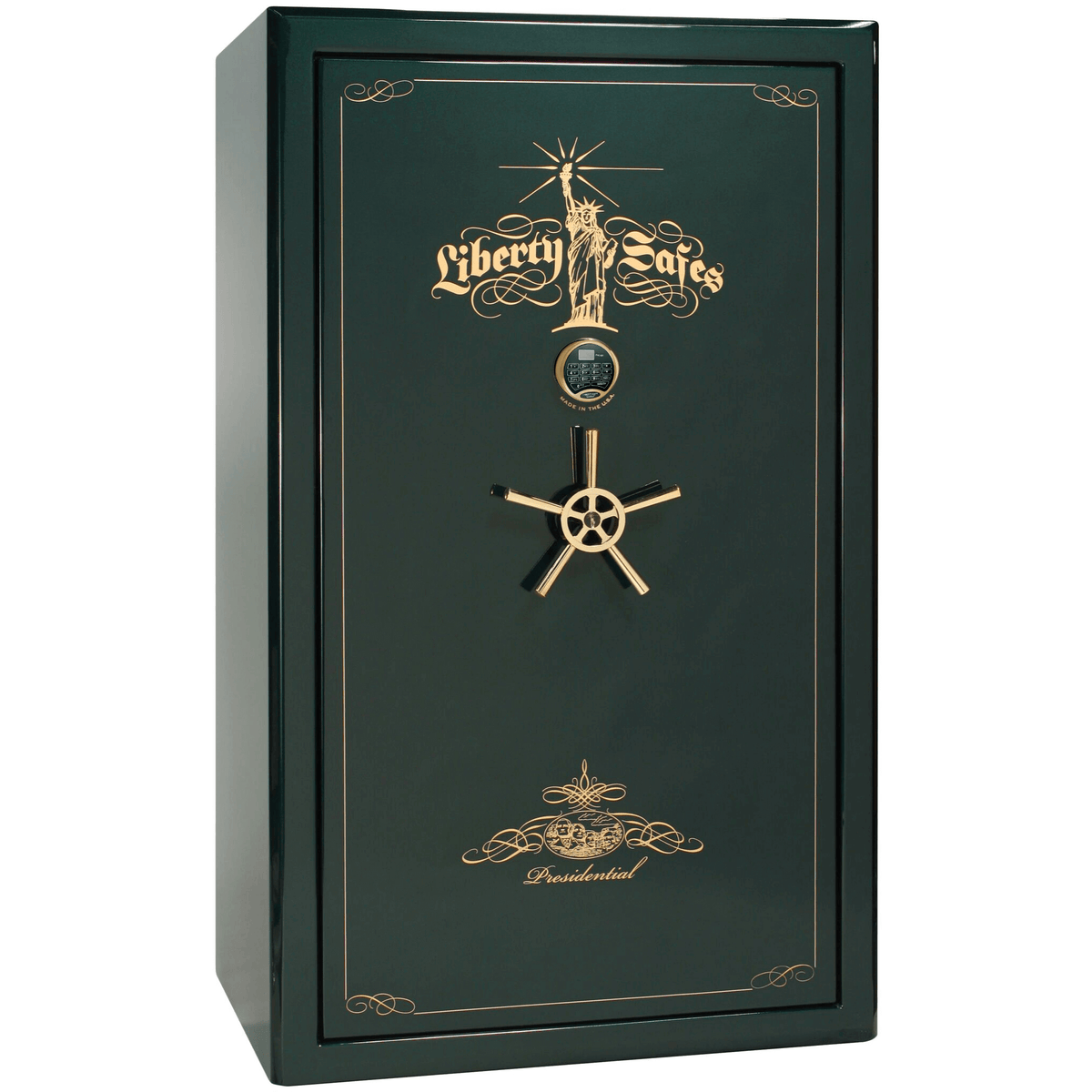 Presidential Series | Level 8 Security | 2.5 Hours Fire Protection | 50 | Dimensions: 72.5&quot;(H) x 42.25&quot;(W) x 32&quot;(D) | Green Gloss | Gold Hardware | Electronic Lock